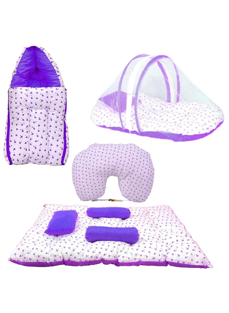 Kids Charm Little Heart 4 PCS Combo Set 3 in 1 Babys Carry Bed5 in 1 Babys Feeding Pillow with Safety Belt2 in 1 Babys Cotton with Mosquito Net2 in 1 Babys Sleeping Bed for 48 Months Grey