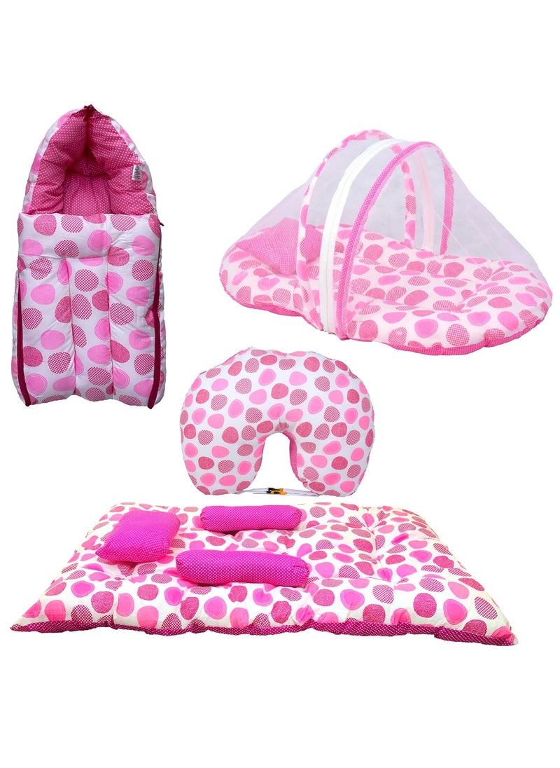 Kids Charm Ovally 4 PCS Combo Set 3 in 1 Babys Carry Bed5 in 1 Babys Feeding Pillow with Safety Belt2 in 1 Babys Cotton with Mosquito Net2 in 1 Babys Sleeping Bed for 48 Months Pink