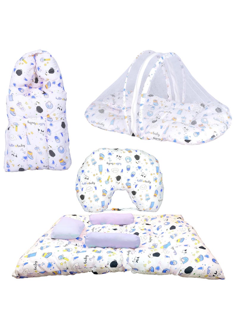 Kids Charm Panda 4 PCS Combo Set 3 in 1 Babys Carry Bed5 in 1 Babys Feeding Pillow with Safety Belt2 in 1 Babys Cotton with Mosquito Net2 in 1 Babys Sleeping Bed for 48 Months Blue