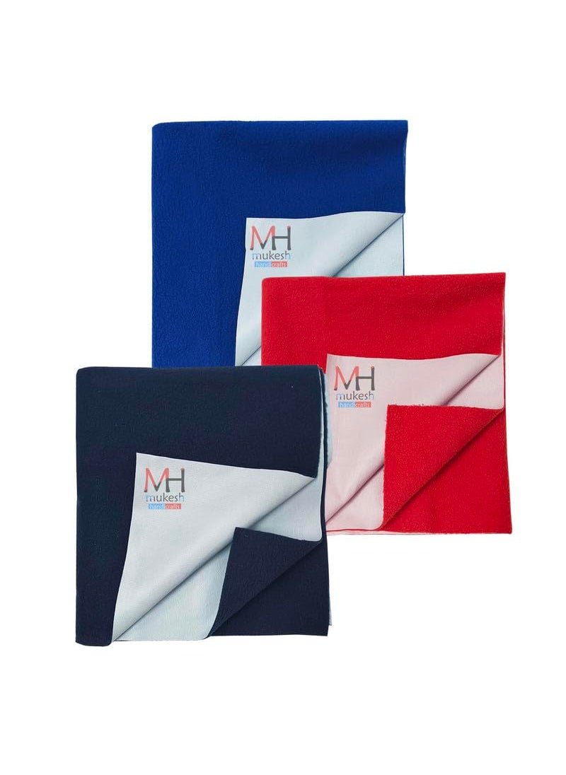 Mukesh Handicrafts Cotton Extra Absorbent Waterproof Quick Dry Sheet for Baby Mattress Bed Protector Sheet for Toddler Children Pack of 3 Single Bed Size 140x220 cm Royal Blue Dark Blue Red