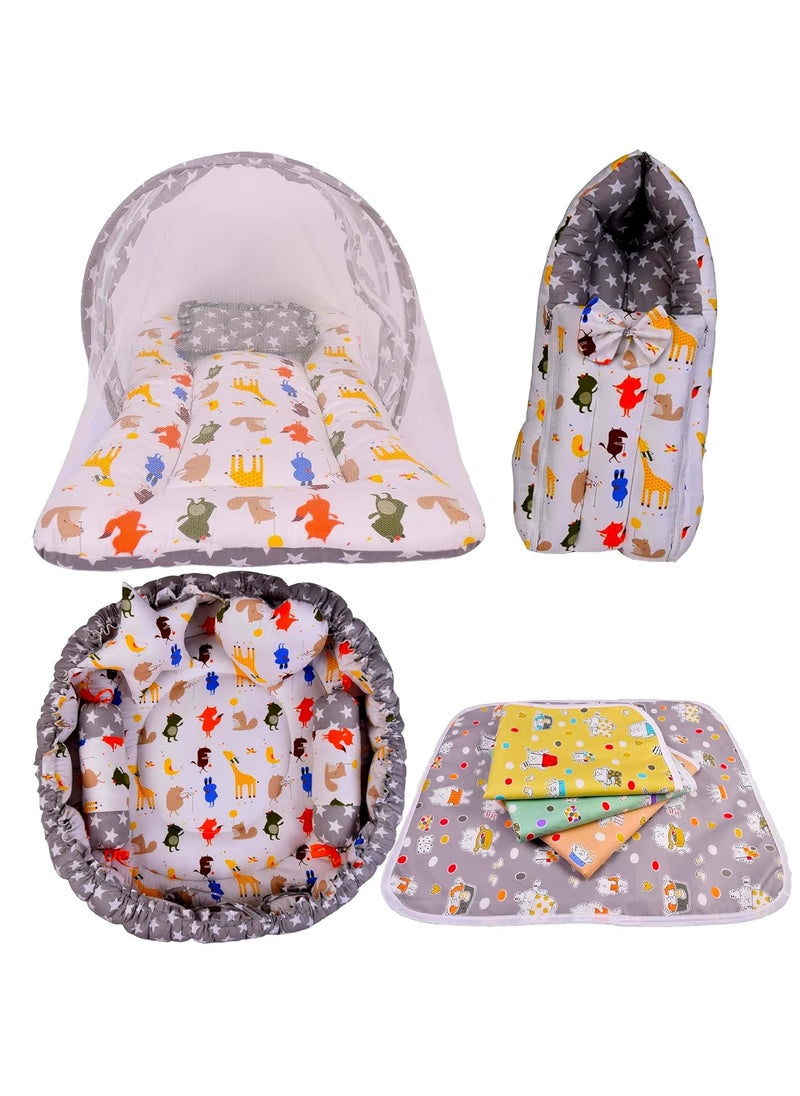Kwitchy Baby Bedding Combo Sleeping Essential Reversible Nest Mattress with Net Carry Bag Sheets Grey 06 Months 4PCS Set