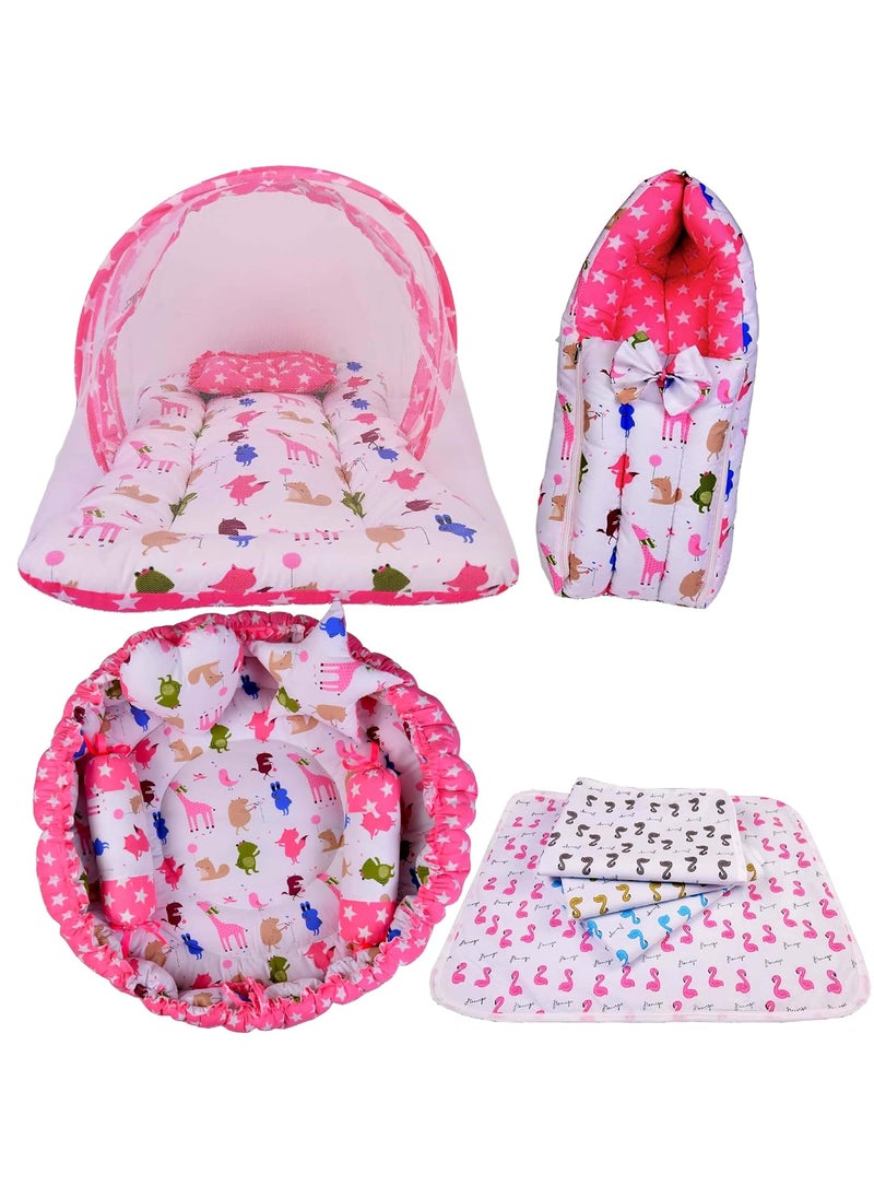 Kwitchy Baby Bedding Combo Sleeping Essential Reversible Nest Mattress with Net Carry Bag Sheets Pink 06 Months 4PCS Set