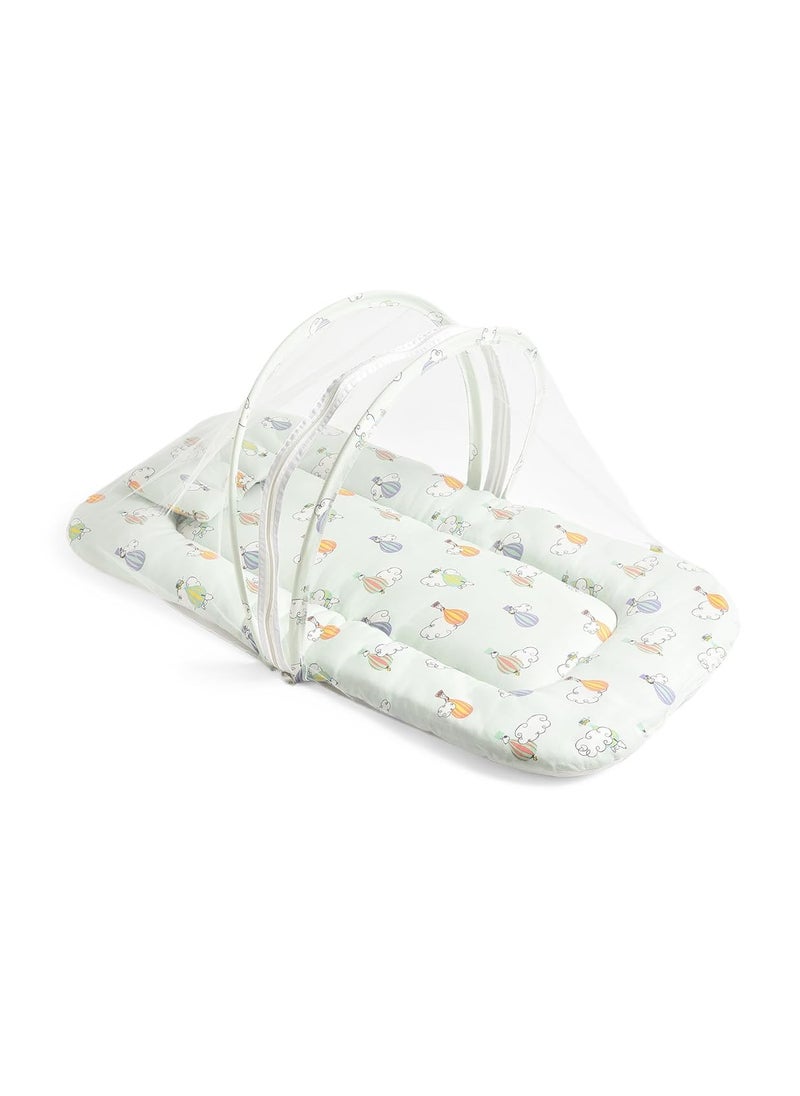 Mi Arcus Peanuts Snoopy Printed Baby Green Bedding Set Cotton Mattress with Mosquito Net and Head Support Pillow for Girls Boys Kids Infants Toddlers