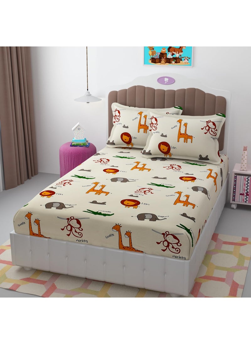 STELLAGEM 200 TC 100 Polycotton Cartoon Printed Supersoft Bedsheet Kids Room Elastic Fitted Single Bed with 2 Pillow Covers SoftBreathable Wrinkel Free 48x72 Inches Cream
