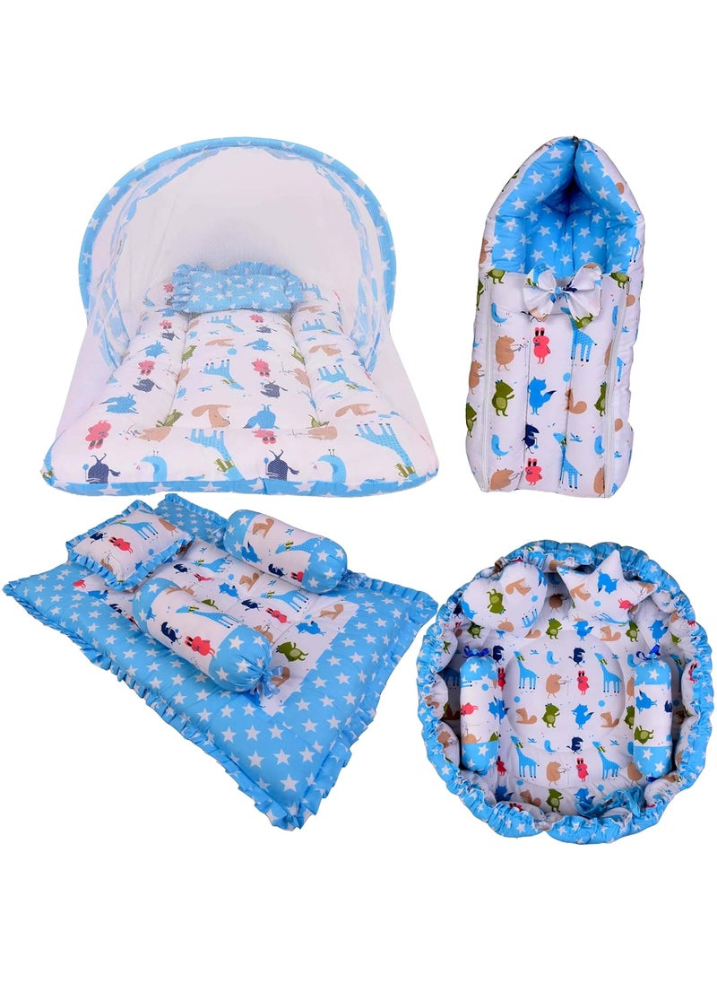 Kwitchy Baby Bedding Set New Born Baby Bed Mattress Mosquito Net Sleeping Bag Gadda Set Nest Bed Cotton Essential Combos Gift Pack Boys Girls 06 Months Blue 4PCS Set