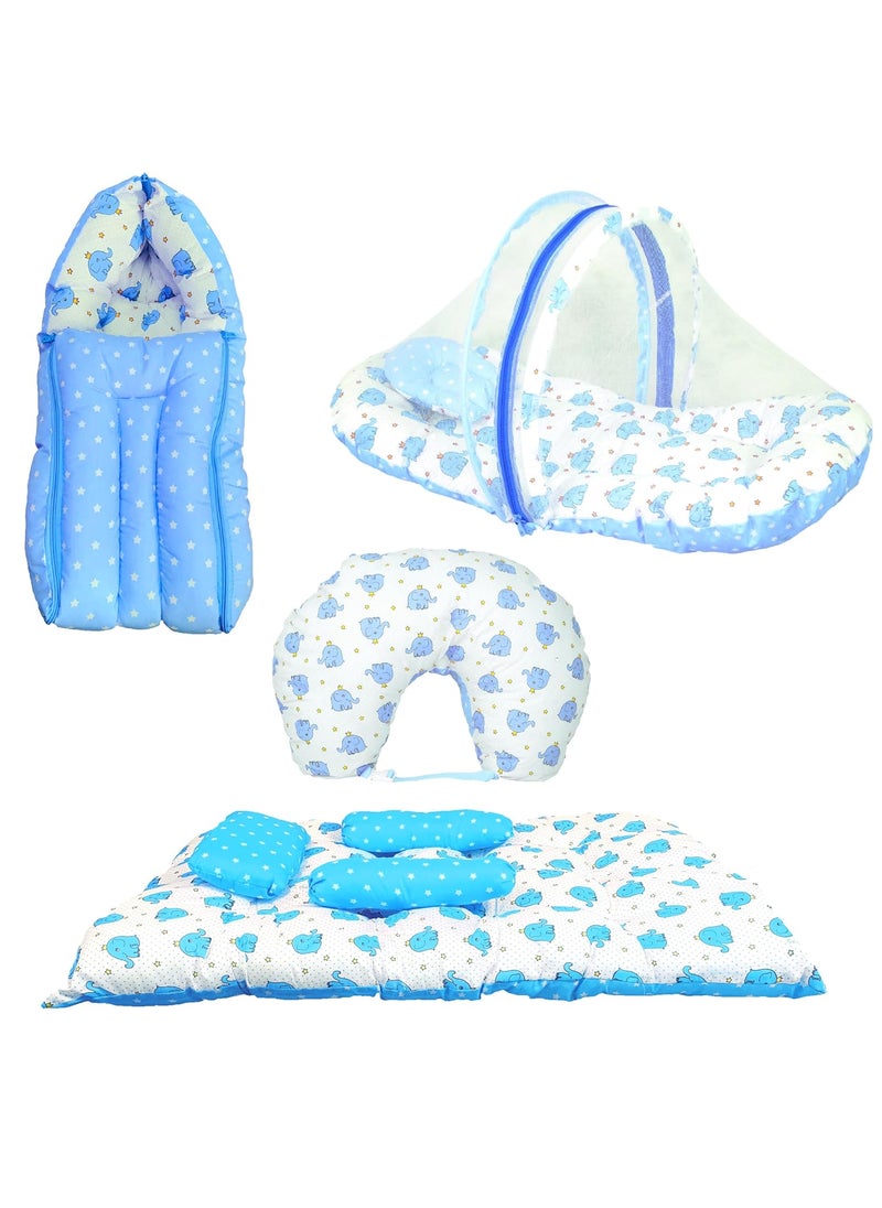 Kids Charm Elephant 4 PCS Combo Set 3 in 1 Babys Carry Bed5 in 1 Babys Feeding Pillow with Safety Belt2 in 1 Babys Cotton with Mosquito Net2 in 1 Babys Sleeping Bed for 48 Months Blue