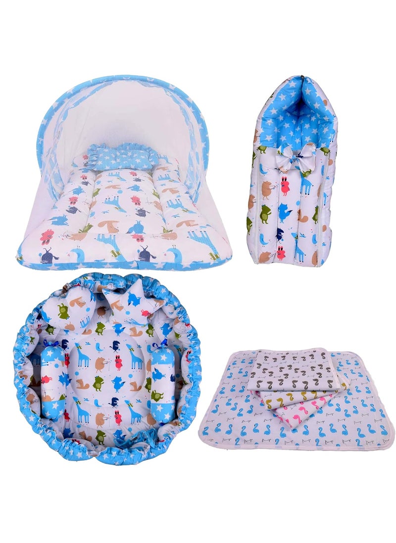 Kwitchy Baby Bedding Combo Sleeping Essential Reversible Nest Mattress with Net Carry Bag Sheets Blue 06 Months 4PCS Set