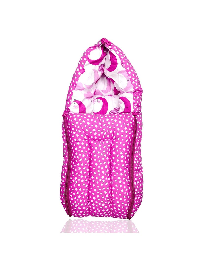 Kids Charm Half Moon Cloud Mega 3 in 1 Babys Cotton Bed Cum Carry Bed Printed Sleeping BagBaby BedInfant Portable for Unisex Easily Portable Light Weight Carry for New Born 48 Months Old Pink