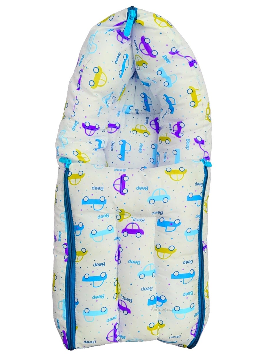 Kids Charm Car Mega 3 in 1 Babys Cotton Bed Cum Carry Bed Printed Baby Sleeping BagBaby BedInfant Portable for Unisex Easily Portable Light Weight Carry for New Born 48 Months Old Blue