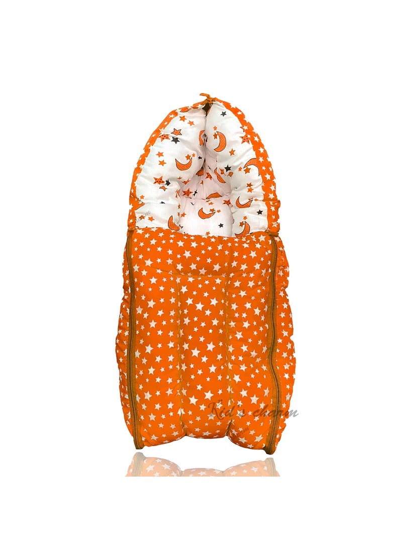 Kids Charm StarMoon Mega 3 in 1 Babys Cotton Bed Cum Carry Bed Printed Baby Sleeping BagBaby BedInfant Portable for Unisex Easily Portable Light Weight Carry for New Born 48 Months Old Orange