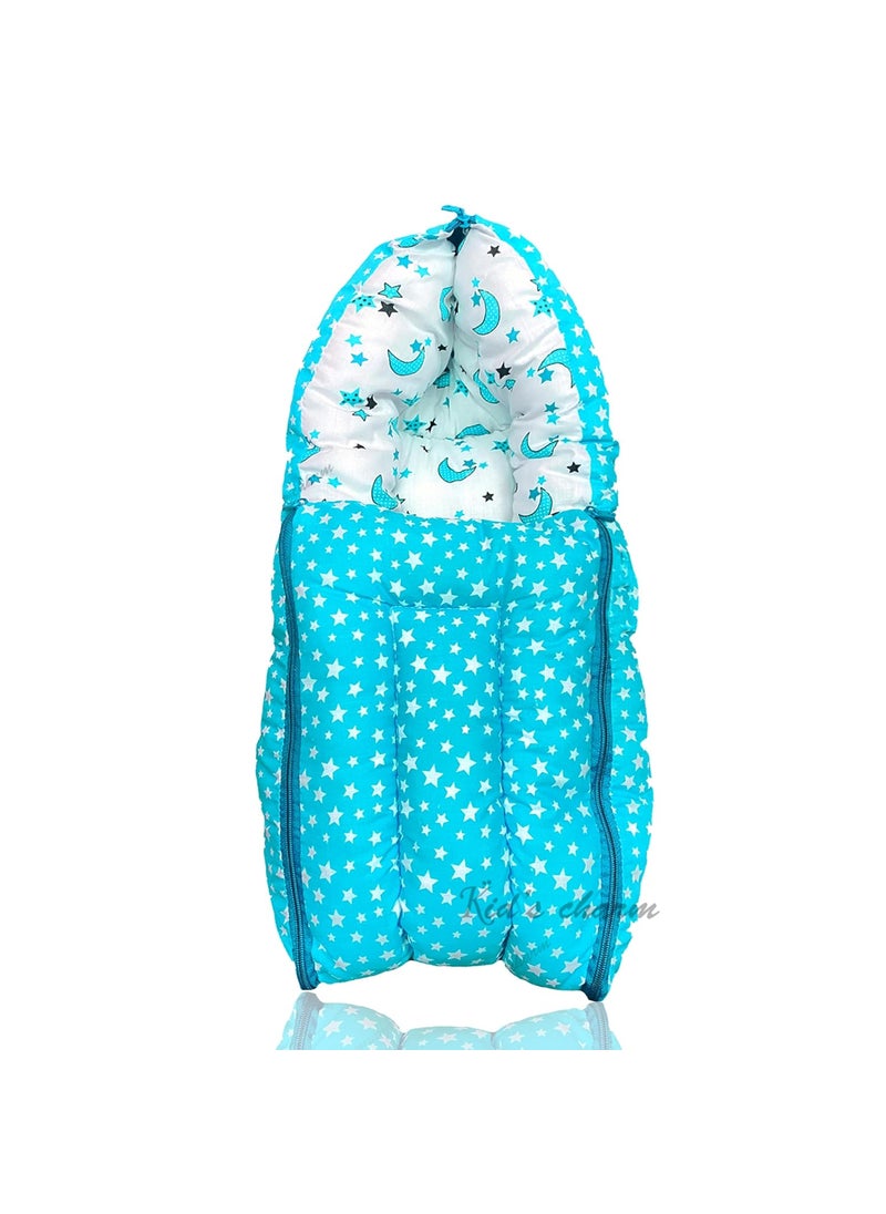 Kids Charm StarMoon Mega 3 in 1 Babys Cotton Bed Cum Carry Bed Printed Baby Sleeping BagBaby BedInfant Portable for Unisex Easily Portable Light Weight Carry for New Born 48 Months Old Blue