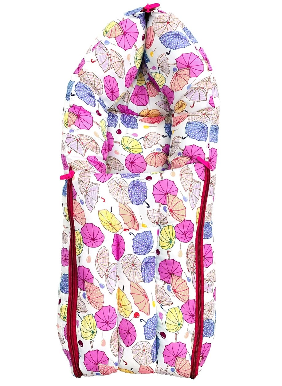 Kids Charm Umbrella Mega 3 in 1 Babys Cotton Bed Cum Carry Bed Printed Baby Sleeping BagBaby BedInfant Portable for Unisex Easily Portable Light Weight Carry for New Born 48 Months Old Pink