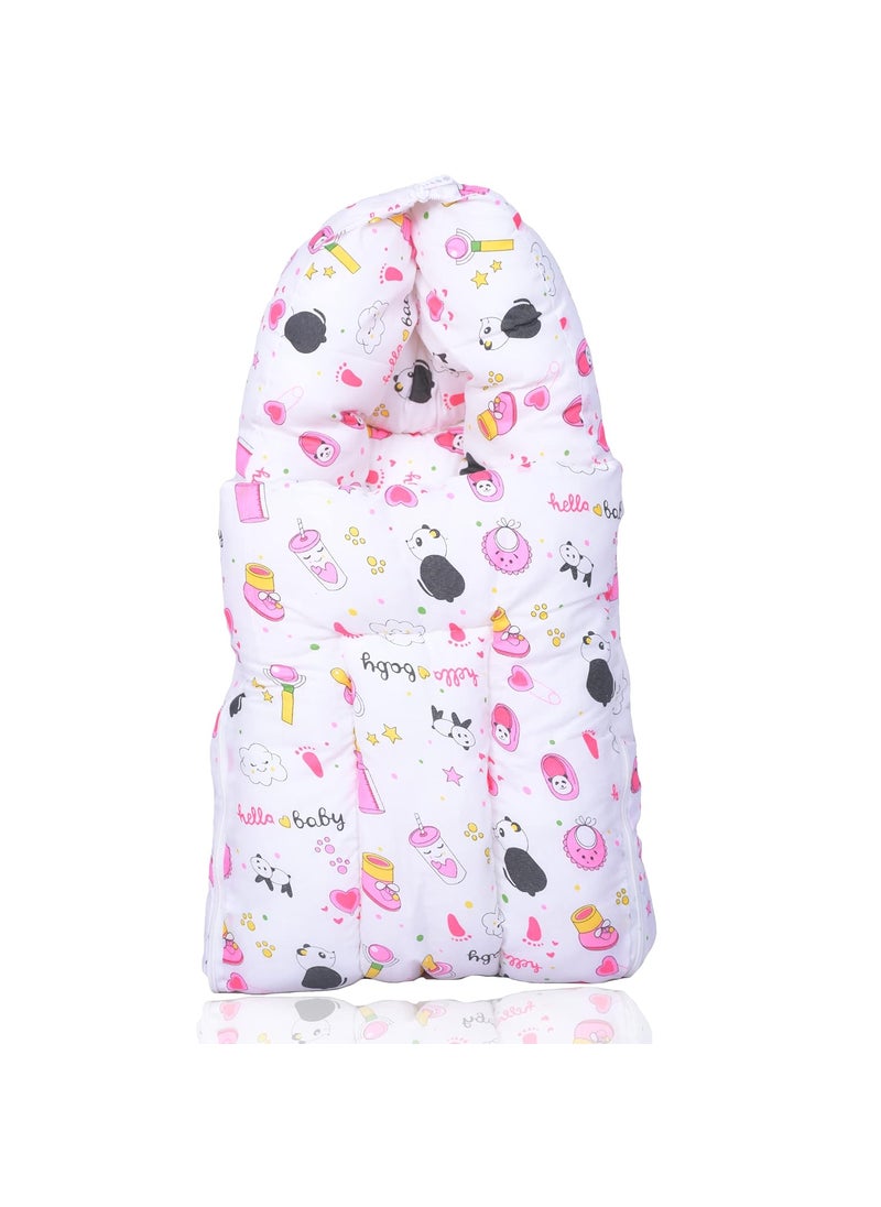 Kids Charm Panda Mega 3 in 1 Babys Cotton Bed Cum Carry Bed Printed Baby Sleeping BagBaby BedInfant Portable for Unisex Easily Portable Light Weight Carry for New Born 48 Months Old Pink