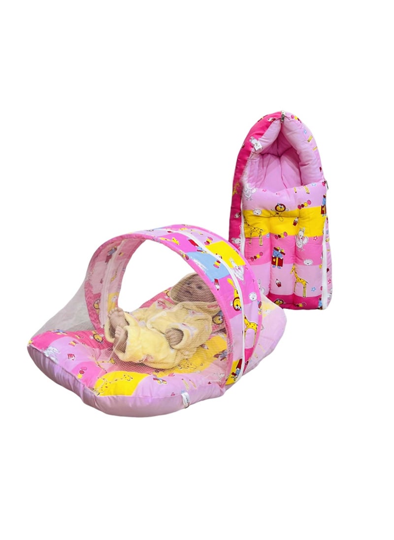 Infantbond Designer Mattress with Net Portable Bed Travel Friendly Infant Comfy Sleep Sleeping Bag for Kids Baby Carry Comfortable Set Age 06 Months Pink Giffi