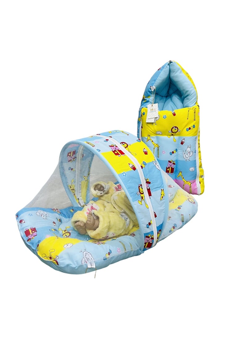Infantbond Designer Mattress with Net Portable Bed Travel Friendly Infant Comfy Sleep Sleeping Bag for Kids Baby Carry Comfortable Set Age 06 Months Blue Giffi