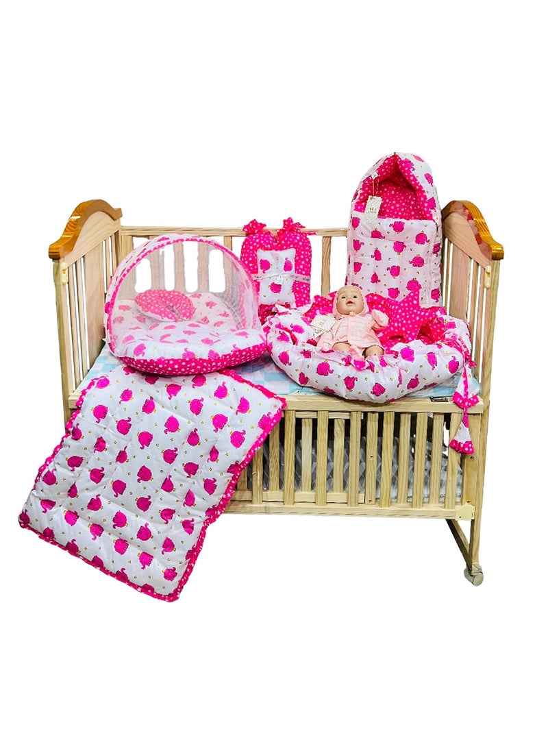 Infantbond Designer Mattress with Net Portable Bed Travel Friendly Infant Comfy Sleep Sleeping Bag for Kids Baby Carry Comfortable Set Age 06 Months Pink Elephant