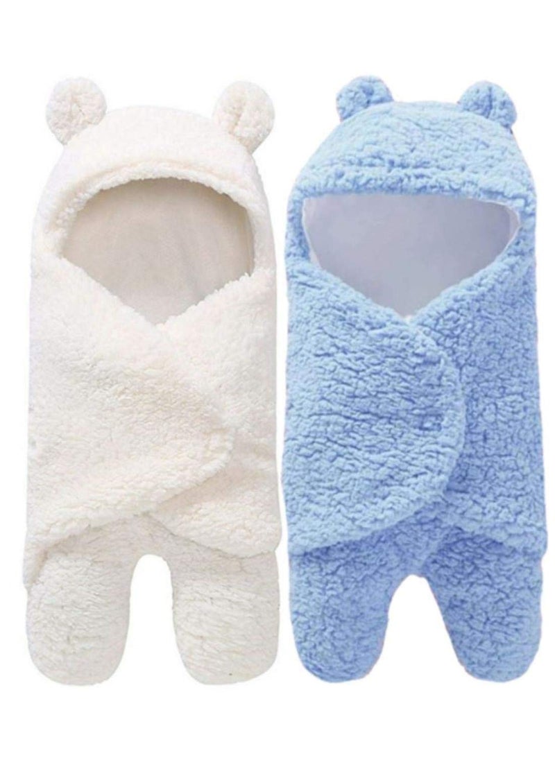 First Kick Baby Blankets New Born Combo Pack of Hooded Supersoft Wearable Wrapper Durable Fleece Polyester Cum Baby Sleeping Bag for Babies 70 cm x 76 cm 06 Months Combo of 2 White Blue
