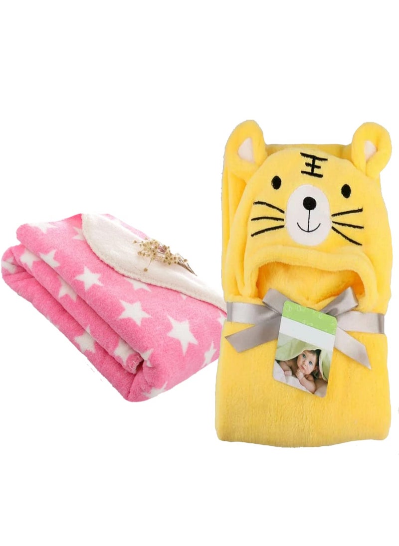 First Kick Baby Blankets New Born Combo Pack of Hooded Wrapper Durable Fleece Polyester Sleeping Bag and Baby Bath Towel for 06 Months Baby Boys and Baby Girls Pack of 2 Pink Yellow