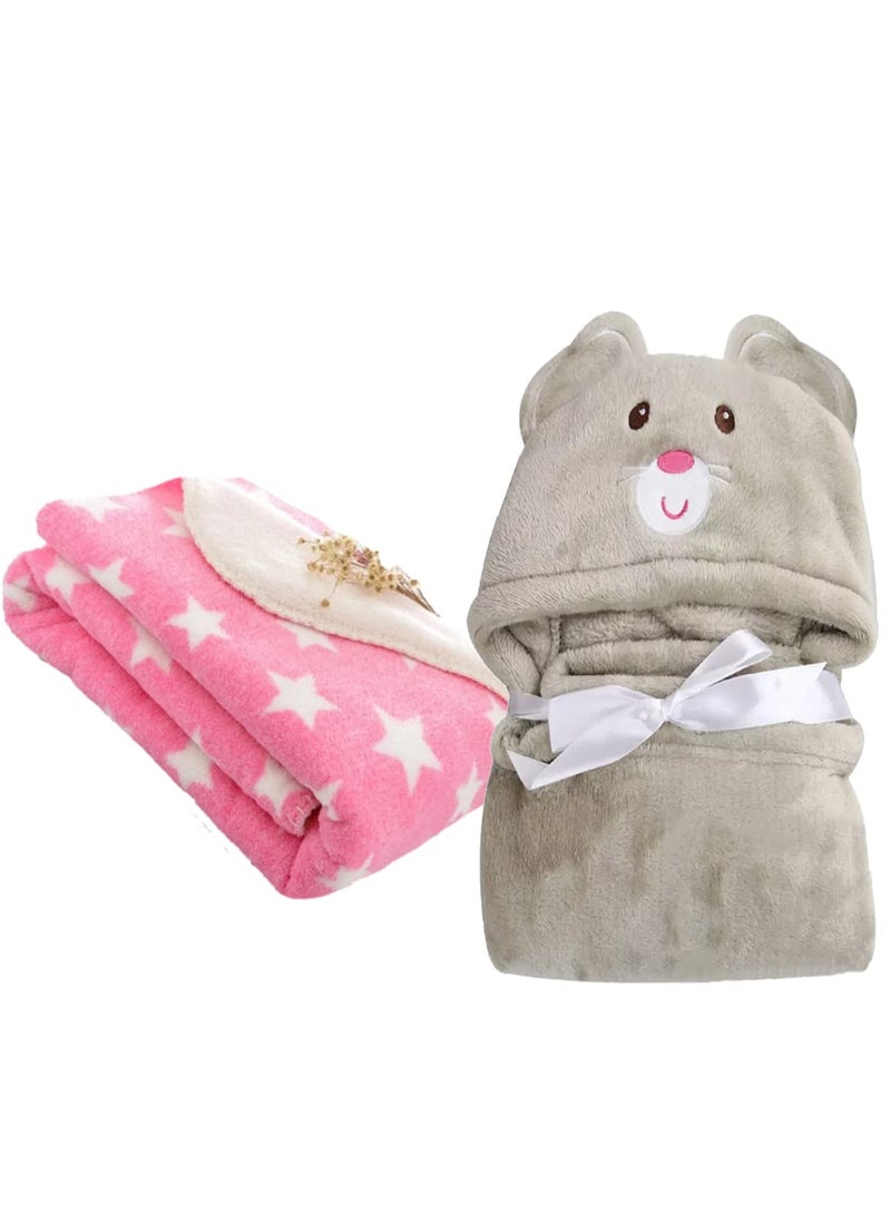 First Kick Baby Blankets New Born Combo Pack of Hooded Wrapper Durable Fleece Polyester Sleeping Bag and Baby Bath Towel for 06 Months Baby Boys and Baby Girls Pack of 2 Pink Grey