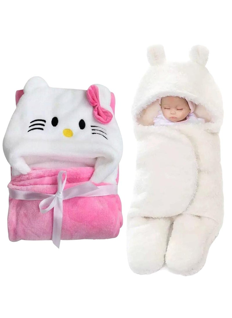 First Kick Baby Blankets New Born Combo Pack Of Hooded Wrapper Durable Fleece Polyester Sleeping Bag And Baby Bath Towel For 06 Months Baby Boys And Baby Girls Pack Of 2 Pink White Casual Style