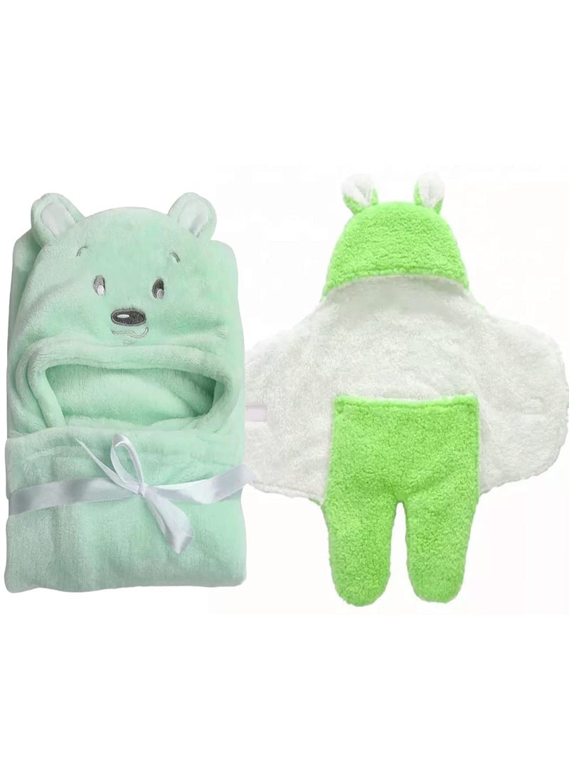 First Kick Kids Baby Blankets New Born Combo Pack Of Hooded Wrapper Durable Fleece Polyester Casual Style Sleeping Bag And Baby Bath Towel For 06 Months Baby Boys And Baby Girls Pack Of 2 Green
