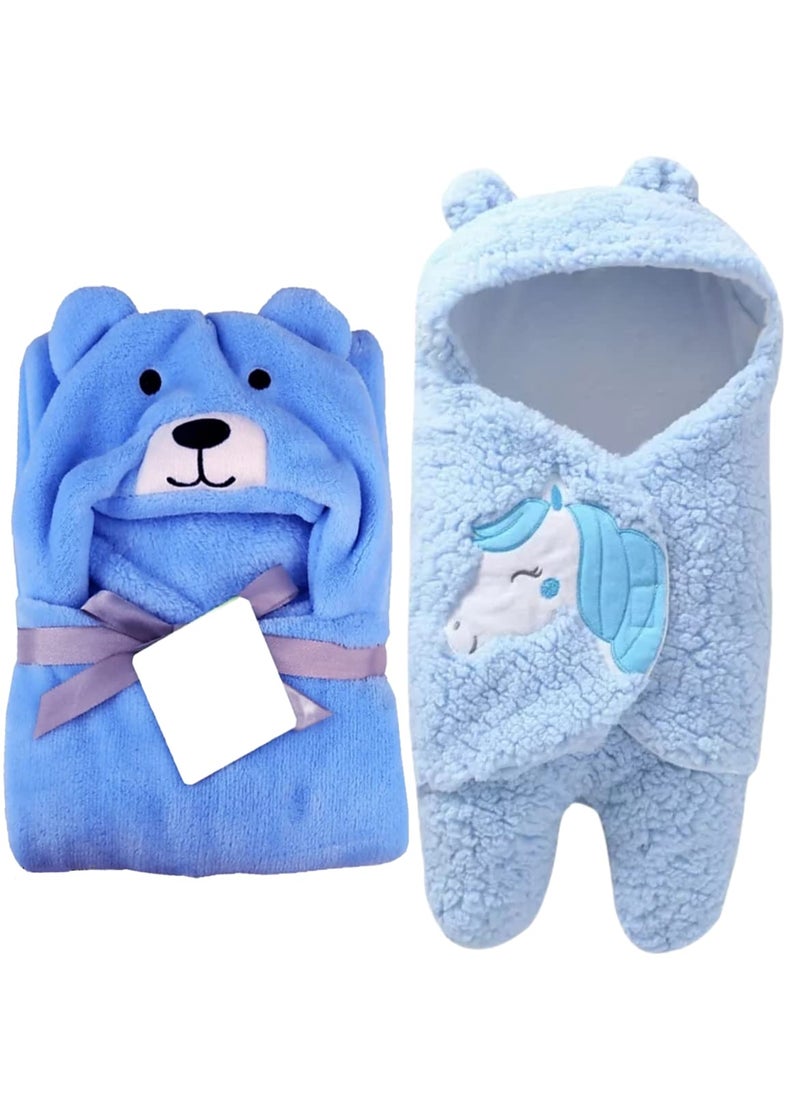First Kick Baby Blankets New Born Combo Pack of Hooded Wrapper Sleeping Bag Baby Bath Towel for 06 Months Baby BoyGirls Pack of 2 lightweight Microfibre Fleece Sherpa blue dog unicorn blue
