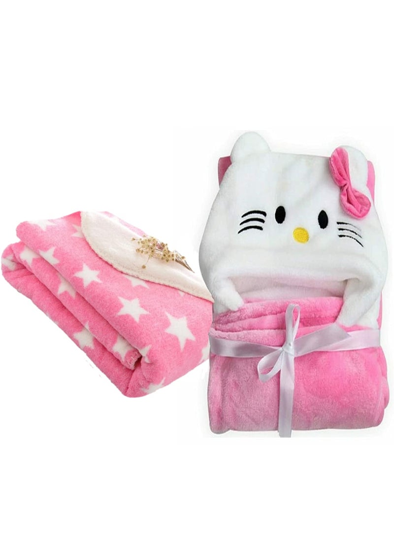 First Kick Baby Blankets New Born Combo Pack of Hooded Wrapper Durable Fleece Polyester Sleeping Bag and Baby Bath Towel for 06 Months Baby Boys and Baby Girls Pack of 2 Pink