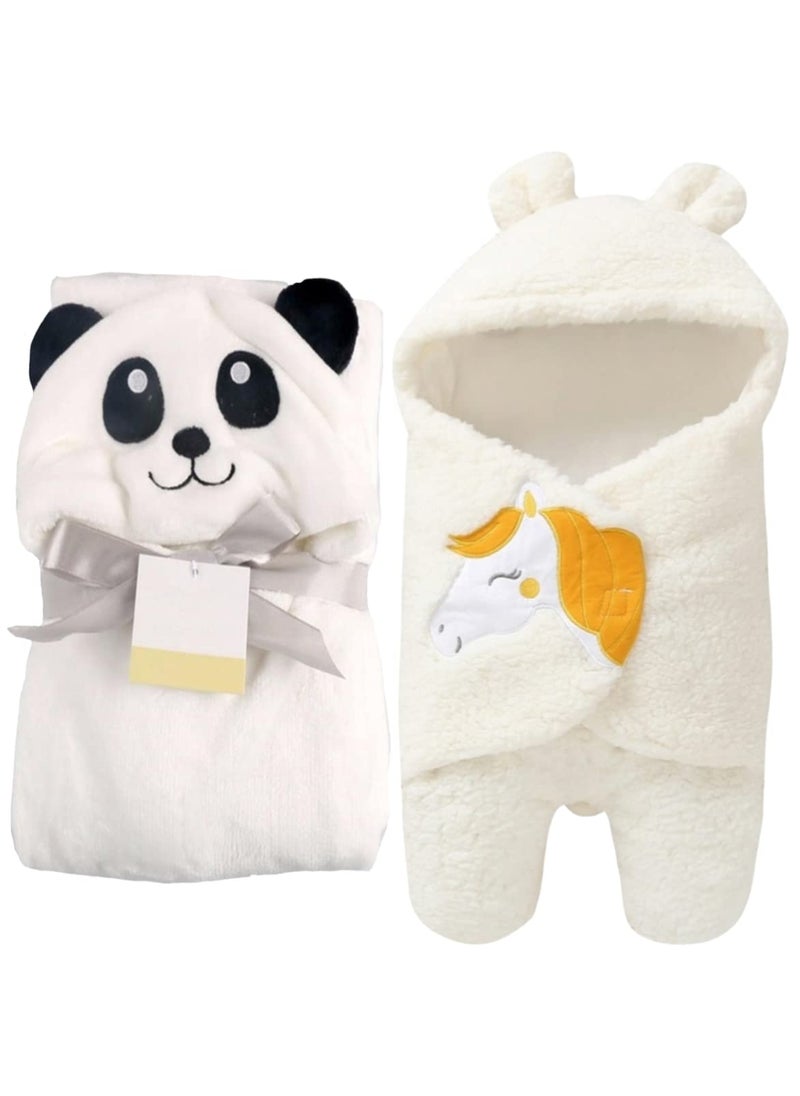 First Kick Baby Blankets New Born Combo Pack of Hooded Wrapper Sleeping Bag and Baby Bath Towel for 06 Months Baby Boys and Baby Girls Pack of 2 Flannel white Panda Unicorn white lightweight