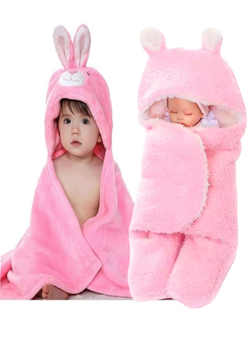 First Kick Baby Blankets New Born Combo Pack of Hooded Wrapper Durable Fleece Polyester Sleeping Bag and Baby Bath Towel for 06 Months Baby Boys and Baby Girls Pack of 2 Pink Rabbit Unicorn Pink