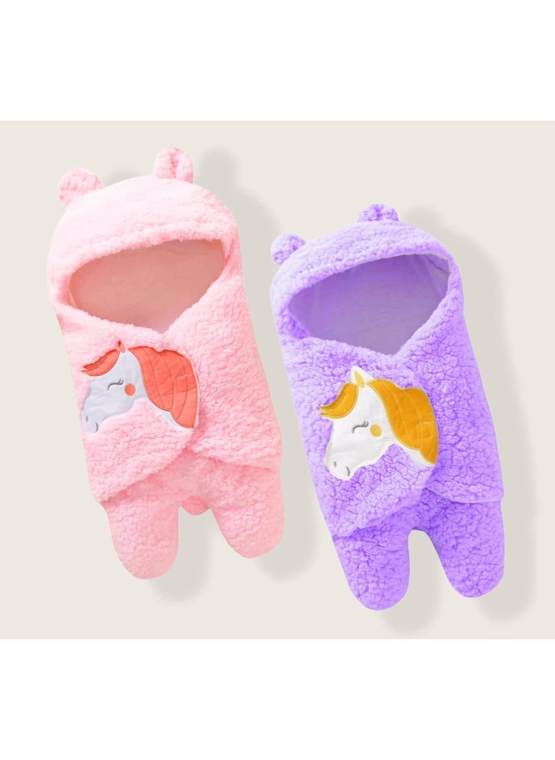 First Kick Baby Blankets Newborn Combo Pack of Super Soft Baby Wrapper Durable Fleece Polyester Cum Baby Sleeping Bag for Baby Boys Baby Girls Babies 76cm x 70cm 06 Months Pack of 2 Pink Purple