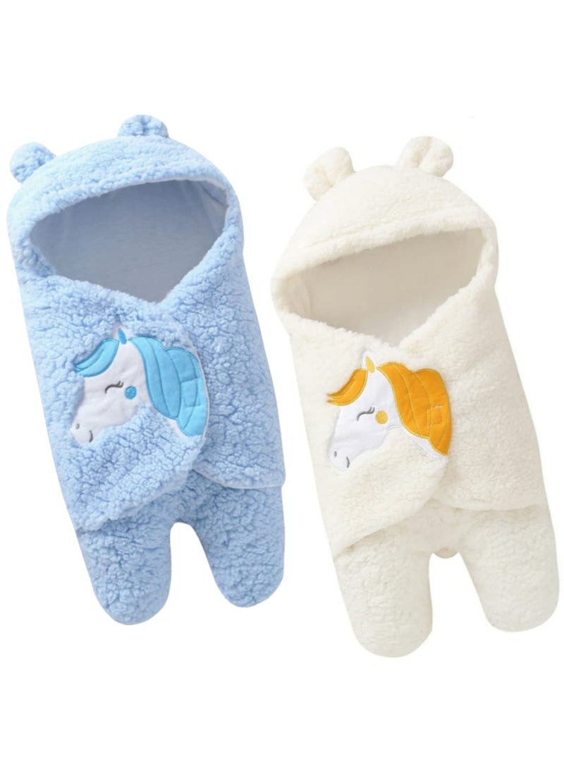 First Kick Baby Blankets Newborn Combo Pack of Super Soft Baby Wrapper Durable Fleece Polyester Cum Baby Sleeping Bag for Boys Baby Girls Babies 76cm x 70cm 06 Months Pack of 2 White Sky Blue