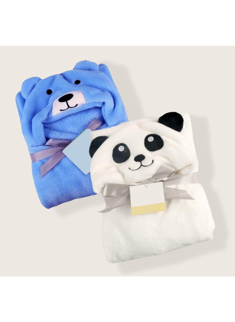 First Kick Baby Blankets Newborn Combo Pack of Super Soft Bathrobe Baby Wrapper Durable Fleece Polyester Cum Baby Bath Towel for Baby Boys Girls 80cm x 80cm 06 Months Pack of 2 White Blue