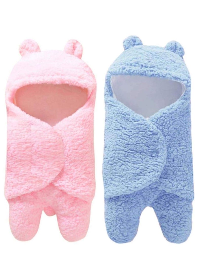 First Kick Baby Blankets New Born Combo Pack of Hooded Supersoft Wearable Wrapper Durable Fleece Polyester Cum Baby Sleeping Bag for Babies 70 cm x 76 cm 06 Months Combo of 2 Pink Blue