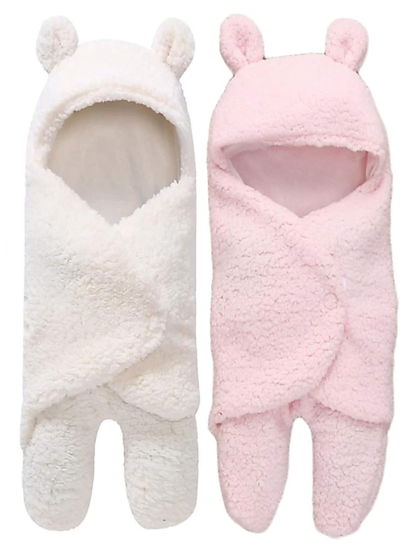 First Kick Baby Blankets New Born Combo Pack of Hooded Supersoft Wearable Wrapper Durable Fleece Polyester Cum Baby Sleeping Bag for Babies 70 cm x 76 cm 06 Months Combo of 2 White Pink
