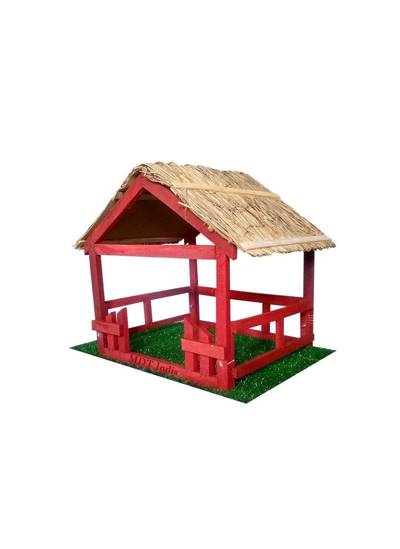 MDT India Holy Crib for Christmas Xmas Decor Foldable Wooden Frame Straw Roof 18 Inch