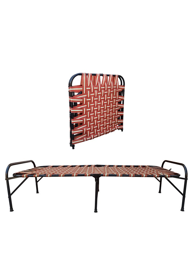AARAM CHARPAI UDYOG Folding Bed Cot for Sleeping Single Size A1 Niwar 6 Leg Supports Unique Design Space Saving Round Metal Frame Portable Lightweight Standard 36X72 inch
