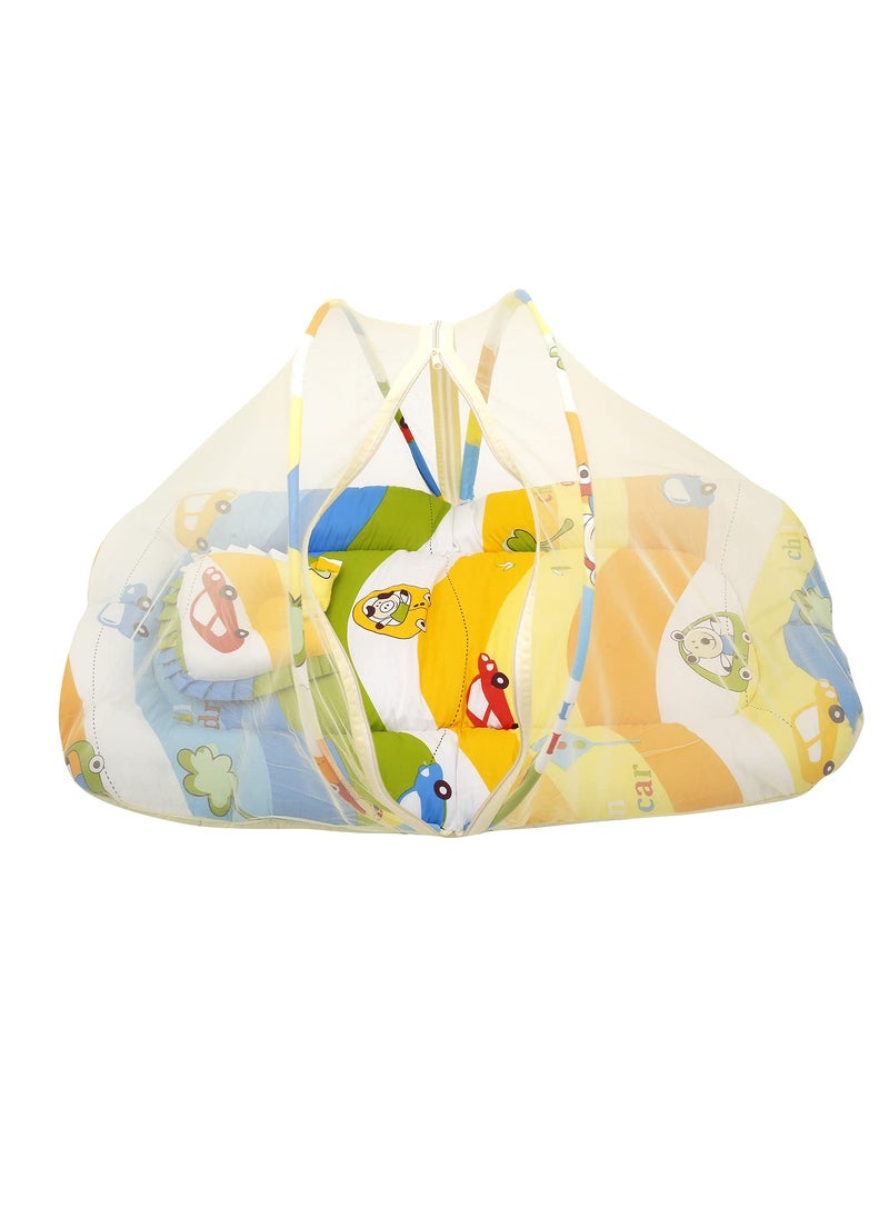 Baby MooCruising in My CarMulticolour Tent Mattress Set with Neck Pillow and Mosquito Net Baby Cotton Mattress Bed Set for Infants and Toddlers Perfect for Baby Boys and Girls