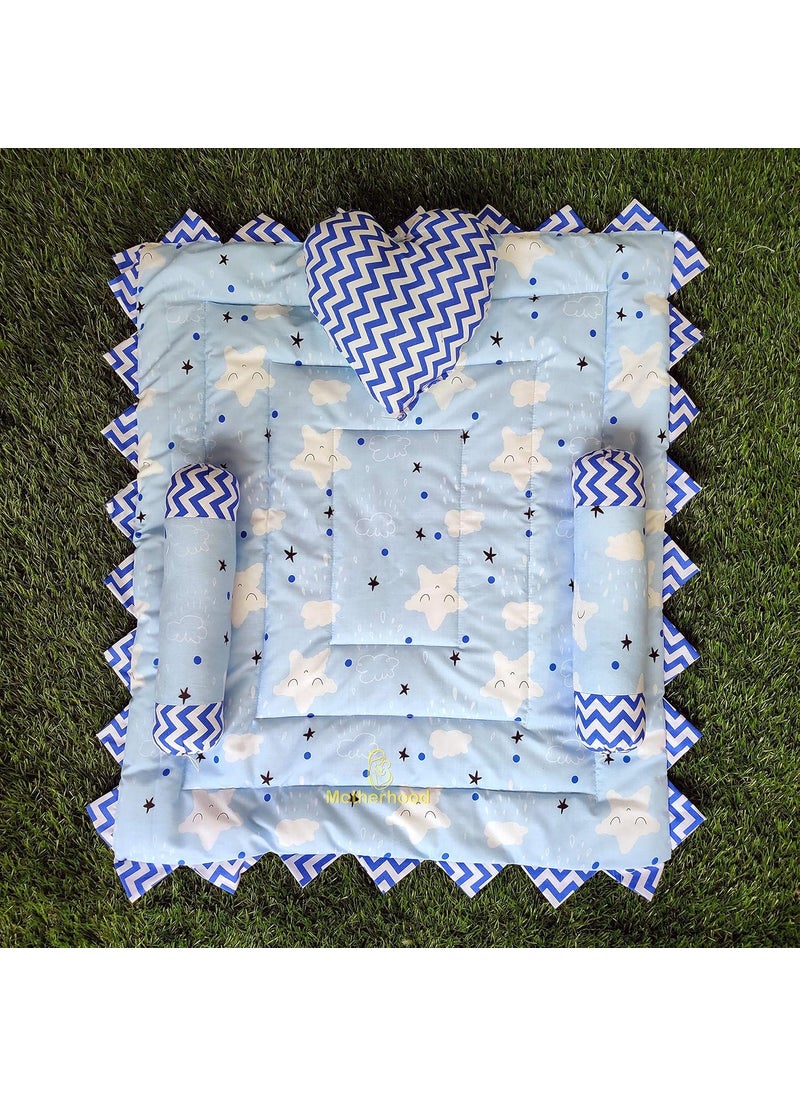 MOTHERHOOD Baby Mattress Bed with Side Support HeartShaped Pillow Luxury Baby Mattress Bed Sleeper bedding set cosleeper Reversible Comfortable for Newborn to ToddlersSky
