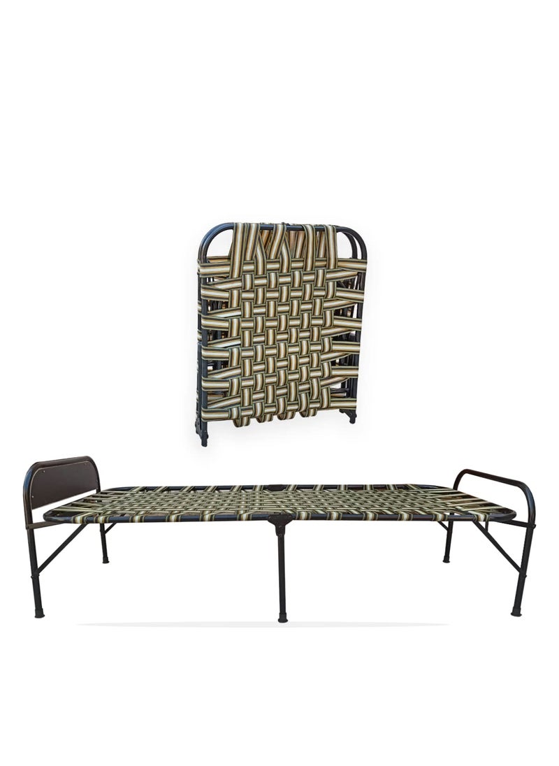 AARAM CHARPAI UDYOG Folding Bed Cot for Sleeping Single Size A1 Niwar 6 Leg Supports Unique Design Space Saving Round Metal Frame Portable Lightweight with BedHead Sirhana 36X72 inch