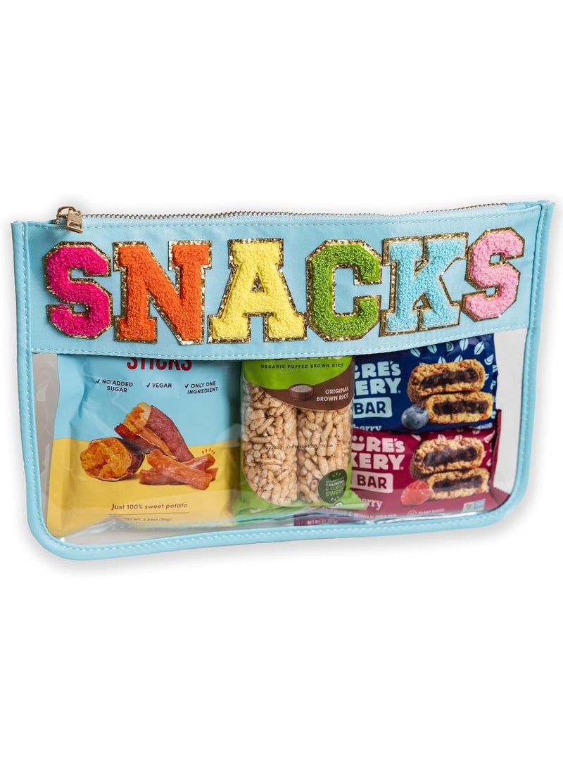 Fablinks Clear Snack Bags, Chenille Varsity Letter Zipper Pouches, Travel Snack Bags for Mom, Aesthetic Storage Organizer Pouches for Women with Glitter Patch Letters (Aqua)