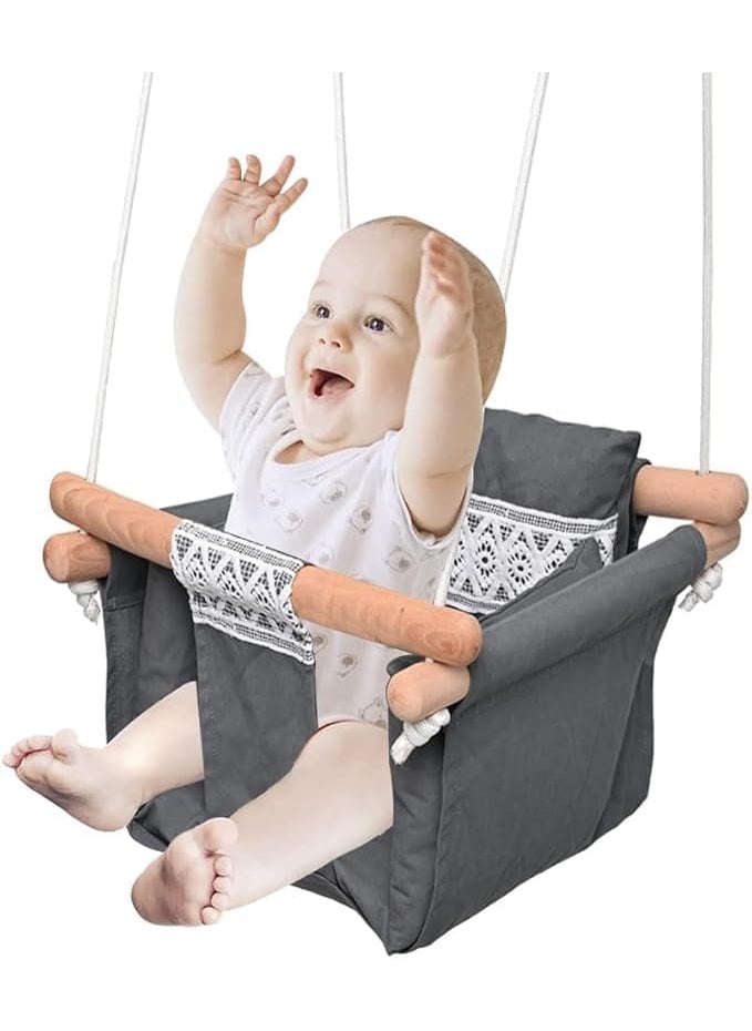 PROSFIA Baby Canvas Swing Seat with Belt Wooden Hanging Chair Swing Seat Indoor and Outdoor for Toddler Boys Girls Tree and Backyard Grey Baby Swing Outdoor Indoor Kids Toddler Swing