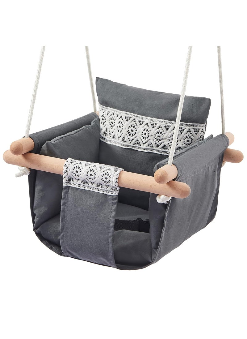 Meneflix Hanging Canvas Baby Swing Wooden Toddler Swing Seat Chair with Safety Belt Durable Baby Swing Chair for Kids Infant Outdoor and Indoor Swing for Playground Tree Swings or Backyard
