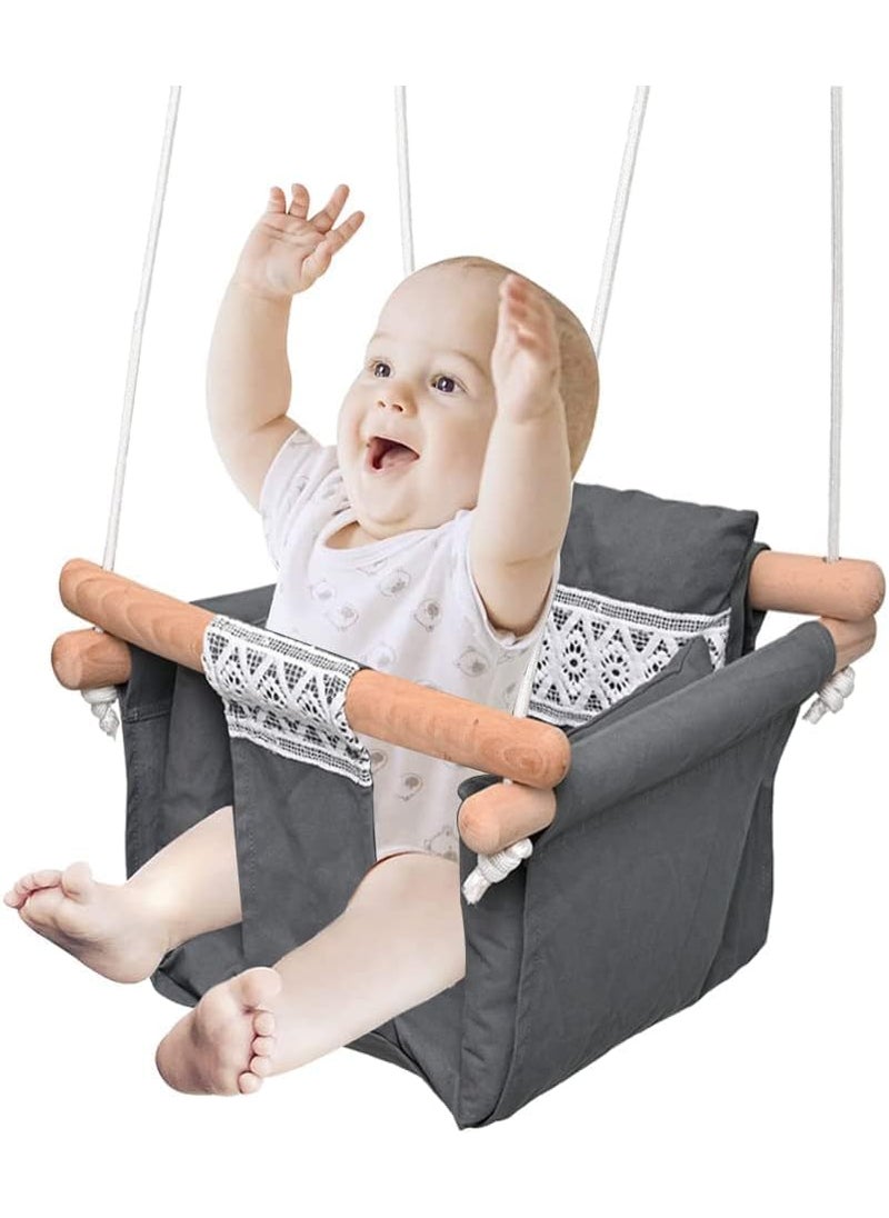LOOKMINT Secure Baby Hanging Swing Seat Chair for Toddler Baby Swings for Infants Indoor Outdoor Hammock Toy Canvas Toddler Swing with Soft Backrest Cushion and PE Rope Baby Hammock Chair Grey