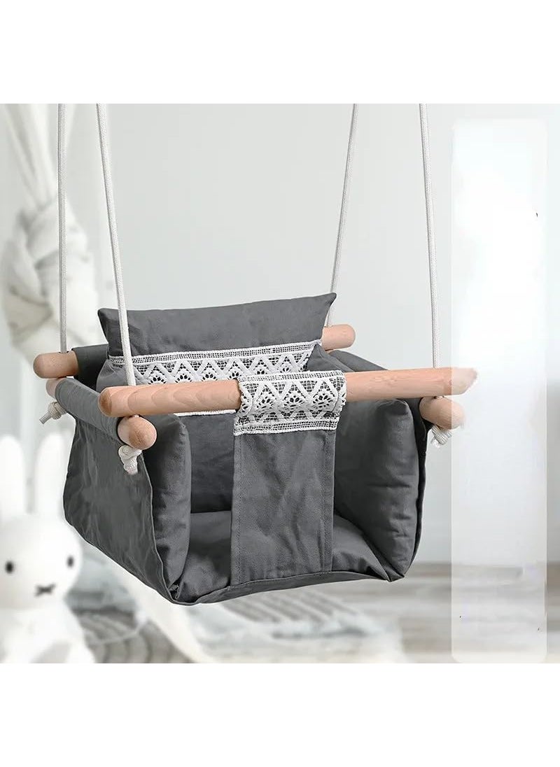 Meneflix Secure Baby Swing Seat with Safety Belt Baby Canvas and Wooden Swing Chair with Lace Dcor Cushion Hanging Indoor Swing for Infants Baby Swing Outdoor Tree Toddler Swing for Backyard