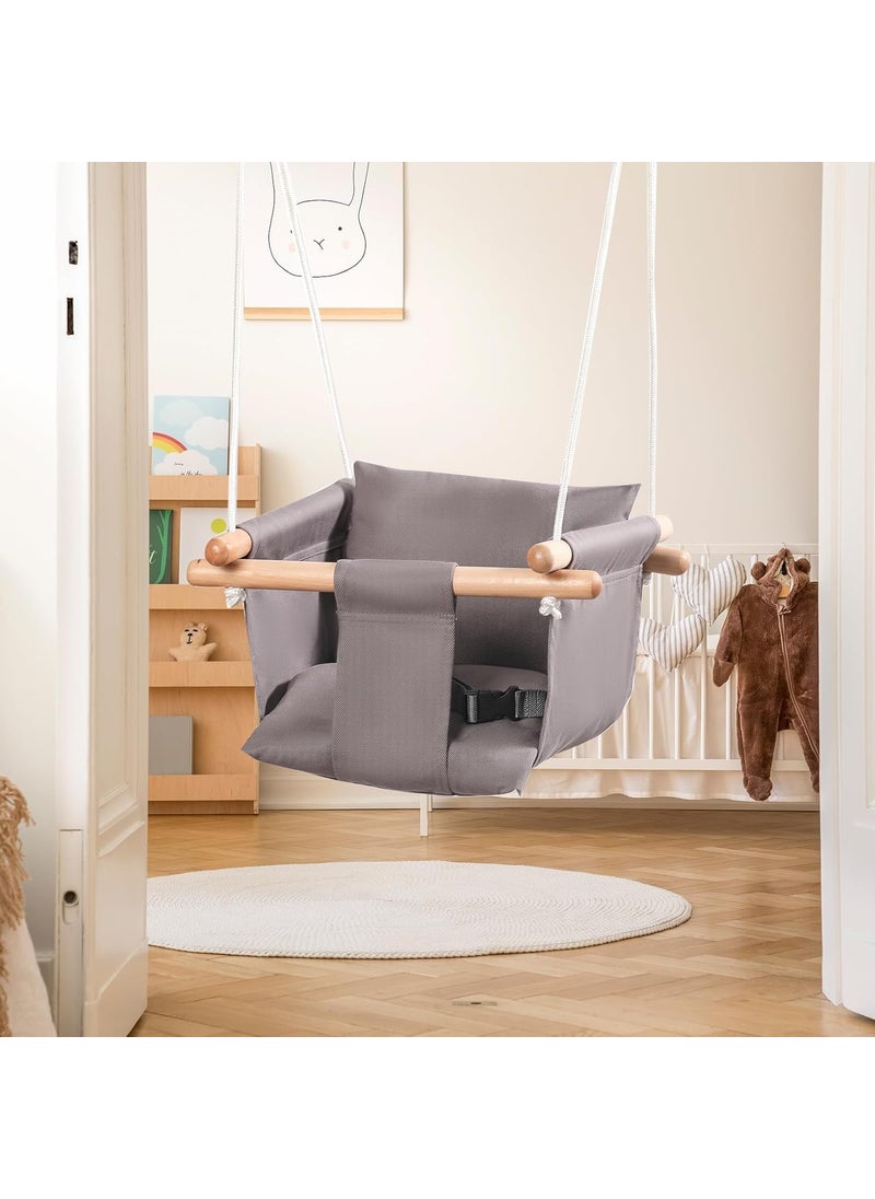 KEYOZA Baby Swing Seat Secure Canvas and Wooden Hanging Swing Chair for Baby Infant Toddler Kids Toys Indoor and Temporary Outdoor Hammock for Indoor Playground Tree Swings or Backyard Grey