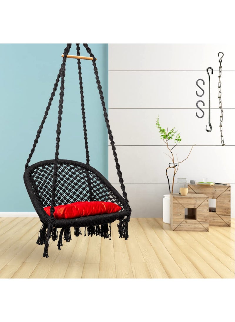 Curio Centre Make in India Premium Black D Shape Cotton Swing with Square Cushion ChainHammock Swing for Kids AdultsSwing for BalconyCushion Chain Accessories Included Black
