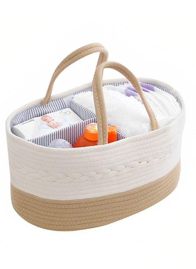 Baby Diaper Caddy Organizer Cotton Rope Diaper Storage Basket with Adjustable Divider Portable Car Travel Diapers Organizer for Newborn Boys Girls Large Capacity Baby Baskets for Storage