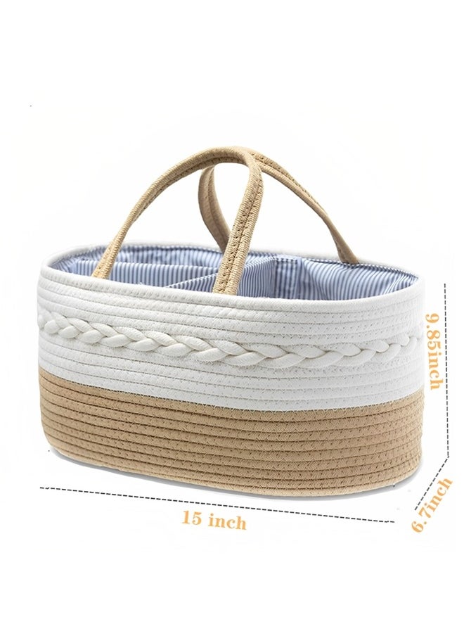 Baby Diaper Caddy Organizer Cotton Rope Diaper Storage Basket with Adjustable Divider Portable Car Travel Diapers Organizer for Newborn Boys Girls Large Capacity Baby Baskets for Storage
