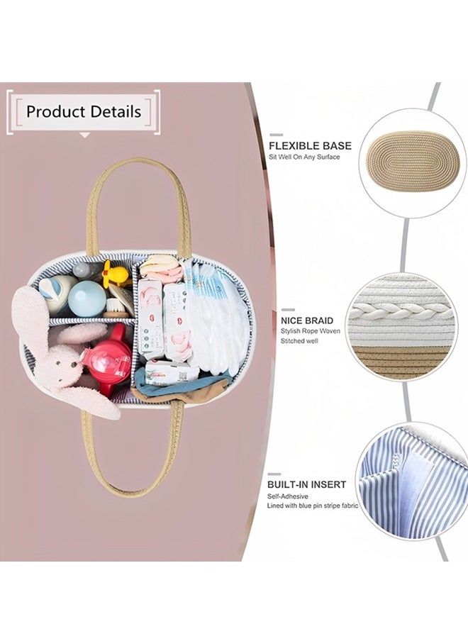 Baby Diaper Caddy Organizer Cotton Rope Diaper Storage Basket with Adjustable Divider Portable Car Travel Diapers Organizer for Newborn Boys Girls Large Capacity Baby Baskets for Storage
