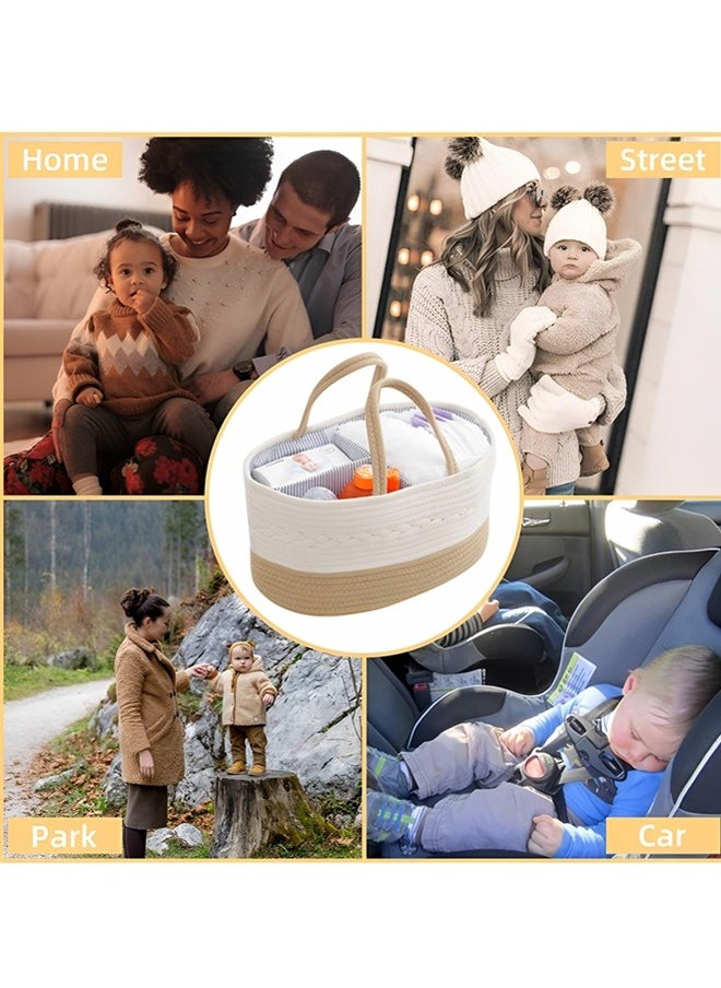 Baby Diaper Caddy Organizer Cotton Rope Diaper Storage Basket with Adjustable Divider Portable Car Travel Diapers Organizer for Newborn Boys Girls Large Capacity Baby Baskets for Storage